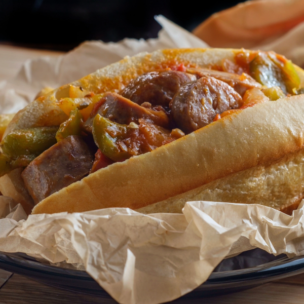 Submarine sandwich with sausages and vegetables on a bun, served on a paper-lined plate.